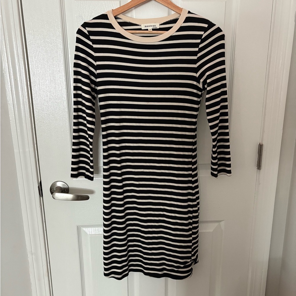 Monteau Black and Cream Striped Quarter Sleeve Dress